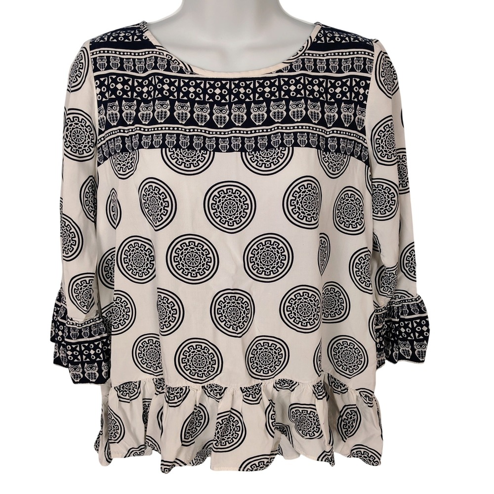Petite PS Navy White Owl Medallion Peplum Bell Sleeve‎ Blouse Top boho festival
